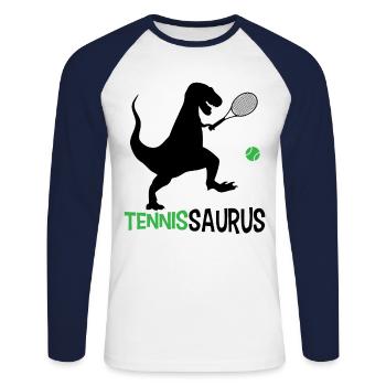 Tennissaurus tennis dinosaure joueur de tennis Tenn - T-shirt baseball manches longues Homme - blanc/marine - Devant - Nik (191cm)