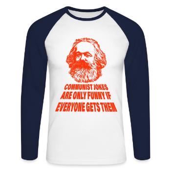 communist joke gift - Unisex Long Sleeve Baseball T-Shirt - white/navy - Front - Nik (191cm)