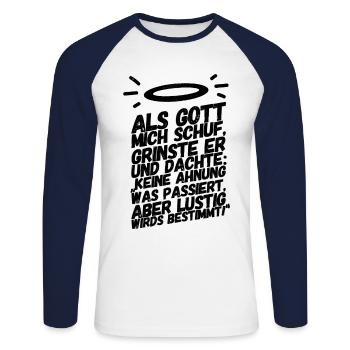 Lustige Sprüche Gott Mich Schuf II - Unisex Baseballshirt langarm - Weiß/Navy - Vorne - Nik (191cm)