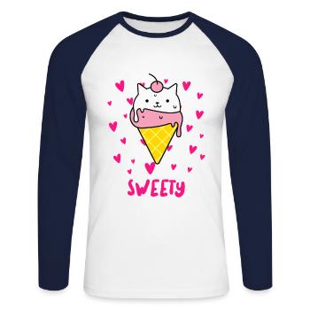 Sweety - Chat à la crème glacée - T-shirt baseball manches longues Homme - blanc/marine - Devant - Nik (191cm)
