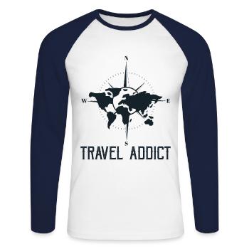 Thématique des voyageurs du monde accro aux voyages - T-shirt baseball manches longues Homme - blanc/marine - Devant - Nik (191cm)