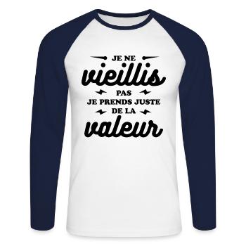 JE NE VIELLIS PAS JE PRENDS DE LA VALEUR - T-shirt baseball manches longues Homme - blanc/marine - Devant - Nik (191cm)