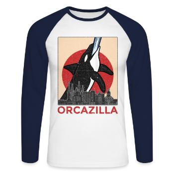 Orcazilla Killer Whale Orca Parody Gift - Unisex Long Sleeve Baseball T-Shirt - white/navy - Front - Nik (191cm)