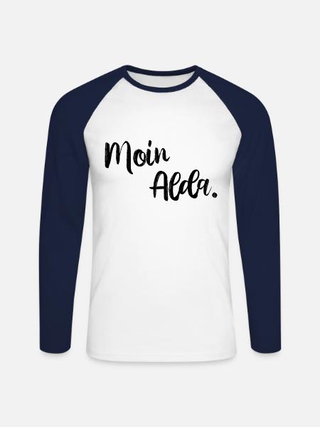 Moin Alda. Geschenk für Ostfriesen. - Unisex Baseballshirt langarm - Weiß/Navy