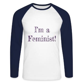 féminisme - T-shirt baseball manches longues Homme - blanc/marine - Devant - Nik (191cm)