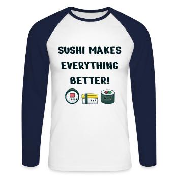 Sushi - T-shirt baseball manches longues Homme - blanc/marine - Devant - Nik (191cm)