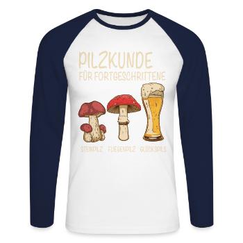 Pilzkunde für Fortgeschrittene Glückspilze - Unisex Baseballshirt langarm - Weiß/Navy - Vorne - Nik (191cm)
