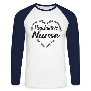 Infirmière psychiatrique - T-shirt baseball manches longues Homme - blanc/marine - Devant - Nik (191cm)