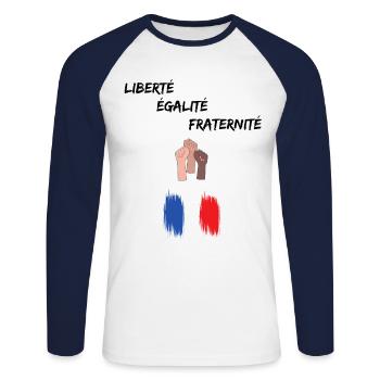 Liberté égalité fraternité - T-shirt baseball manches longues Homme - blanc/marine - Devant - Nik (191cm)