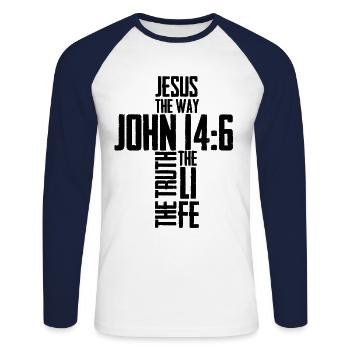 Christlicher Bibelvers Religion Kreuz - Unisex Baseballshirt langarm - Weiß/Navy - Vorne - Nik (191cm)