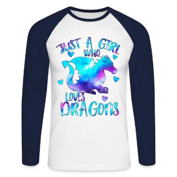 Nur ein Mädchen, das Drachen liebt - Unisex Baseballshirt langarm - Weiß/Navy - Vorne - Nik (191cm)