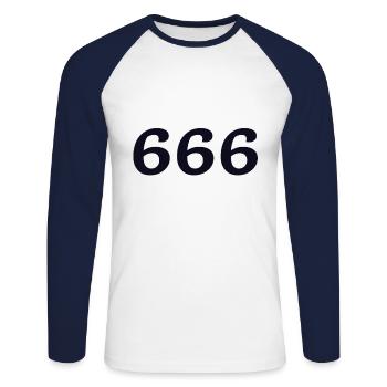 666 - Unisex Long Sleeve Baseball T-Shirt - white/navy - Front - Nik (191cm)