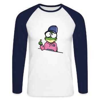 Grenouille montre un majeur - T-shirt baseball manches longues Homme - blanc/marine - Devant - Nik (191cm)