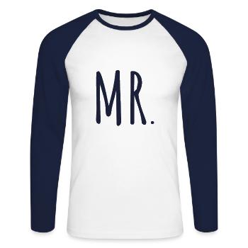 Mr. und Mrs. - Unisex Baseballshirt langarm - Weiß/Navy - Vorne - Nik (191cm)