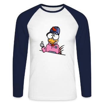 Poulet montre le majeur - T-shirt baseball manches longues Homme - blanc/marine - Devant - Nik (191cm)