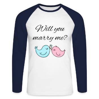 Demande de mariage - T-shirt baseball manches longues Homme - blanc/marine - Devant - Nik (191cm)