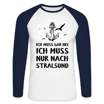 Ostsee Ich Muss Garnix Ich Muss Nur Nach Stralsund - Unisex Baseballshirt langarm - Weiß/Navy - Vorne - Nik (191cm)