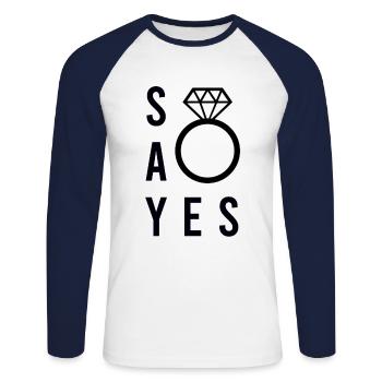 Demande de mariage - T-shirt baseball manches longues Homme - blanc/marine - Devant - Nik (191cm)