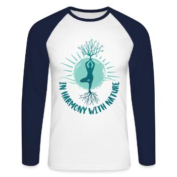 Yoga Meditation nature soleil design avec inscription - T-shirt baseball manches longues Homme - blanc/marine - Devant - Nik (191cm)