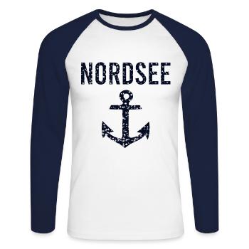 Nordsee - Unisex Baseballshirt langarm - Weiß/Navy - Vorne - Nik (191cm)