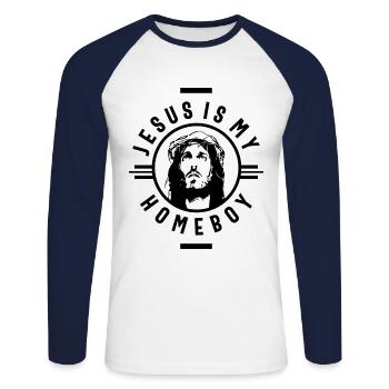 Jesus | Funny Christian Saying Quote - Unisex Long Sleeve Baseball T-Shirt - white/navy - Front - Nik (191cm)