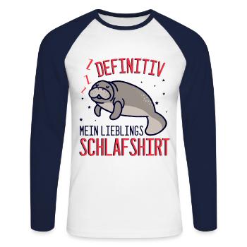 Definitiv mein lieblings Schlafshirt weiße Robbe S - Unisex Baseballshirt langarm - Weiß/Navy - Vorne - Nik (191cm)