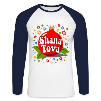 Shana Tova! Jüdisches Neujahrsgeschenk - Unisex Baseballshirt langarm - Weiß/Navy - Vorne - Nik (191cm)