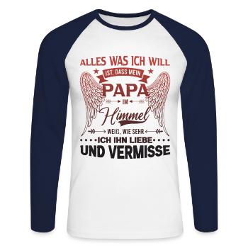 Tout ce que je veux, c’est que mon papa soit au ciel - T-shirt baseball manches longues Homme - blanc/marine - Devant - Nik (191cm)