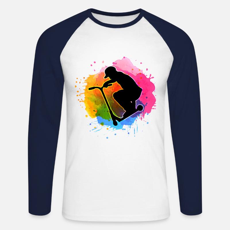 Bunt Aquarell Stuntscooter Stunt Roller - Unisex Baseballshirt langarm - Weiß/Navy
