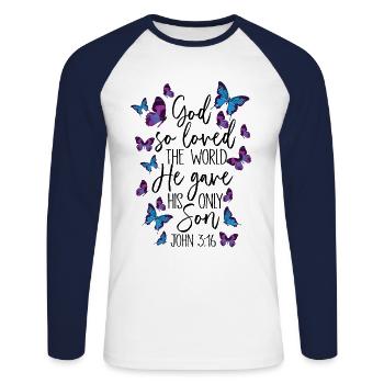 Christlicher Bibelvers Religion - Unisex Baseballshirt langarm - Weiß/Navy - Vorne - Nik (191cm)