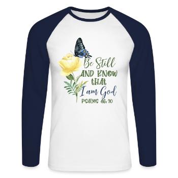 Christlicher Bibelvers Blume Schmetterling - Unisex Baseballshirt langarm - Weiß/Navy - Vorne - Nik (191cm)