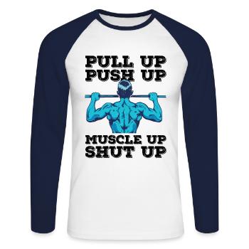 calisthenics body weight dips klimmzug bars calist - Unisex Baseballshirt langarm - Weiß/Navy - Vorne - Nik (191cm)