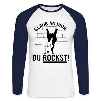 du rockst! Glaube an dich, du bist der beste - Unisex Baseballshirt langarm - Weiß/Navy - Vorne - Nik (191cm)