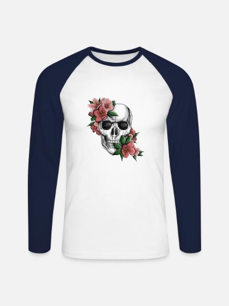Skull with flowers - Unisex Long Sleeve Baseball T-Shirt - white/navy