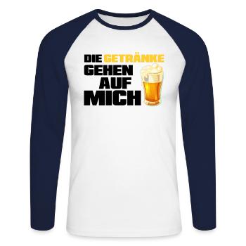 Die Getränke gehen auf mich - Motto - Party - Part - Unisex Baseballshirt langarm - Weiß/Navy - Vorne - Nik (191cm)