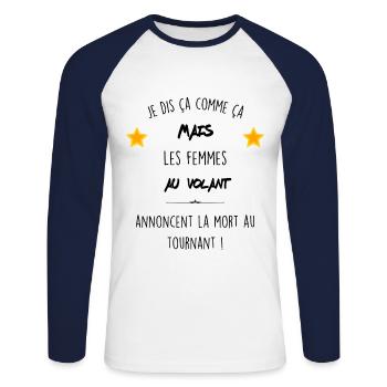 Femme au volant - T-shirt baseball manches longues Homme - blanc/marine - Devant - Nik (191cm)