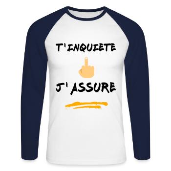 T inquiète j assure - T-shirt baseball manches longues Homme - blanc/marine - Devant - Nik (191cm)