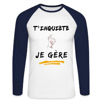 T inquiète je gère - T-shirt baseball manches longues Homme - blanc/marine - Devant - Nik (191cm)