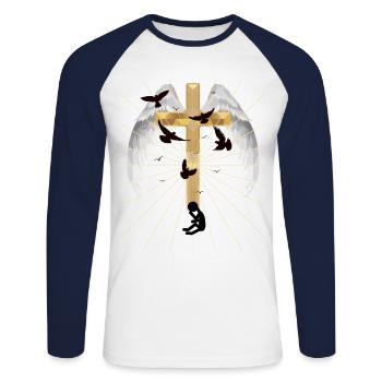 Dépression Croix Salut Résurrection Au-delà - T-shirt baseball manches longues Homme - blanc/marine - Devant - Nik (191cm)