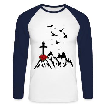 Croix, Mourir, Mort, Deuil, Spirituel, Réincarnation - T-shirt baseball manches longues Homme - blanc/marine - Devant - Nik (191cm)