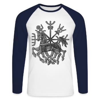 Wikinger Odin Pferd Sleipnir mit Kompass Vegvisir - Unisex Baseballshirt langarm - Weiß/Navy - Vorne - Nik (191cm)