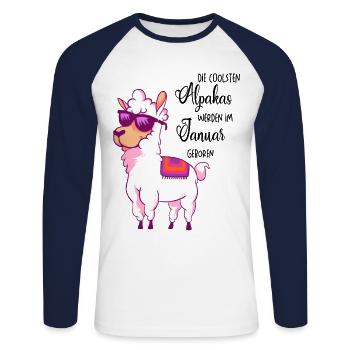 Die coolsten Alpakas werden im Januar geboren - Unisex Baseballshirt langarm - Weiß/Navy - Vorne - Nik (191cm)