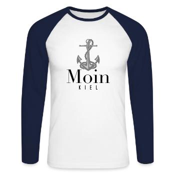 Moin Kiel Kapitän See Anker - Unisex Baseballshirt langarm - Weiß/Navy - Vorne - Nik (191cm)