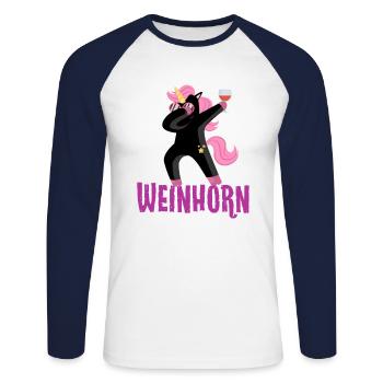 Weinhorn tanzendes schwarzes Einhorn mit Wein - Unisex Baseballshirt langarm - Weiß/Navy - Vorne - Nik (191cm)