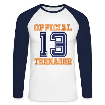 Style universitaire officiel 13 adolescents pour garçons et filles - T-shirt baseball manches longues Homme - blanc/marine - Devant - Nik (191cm)