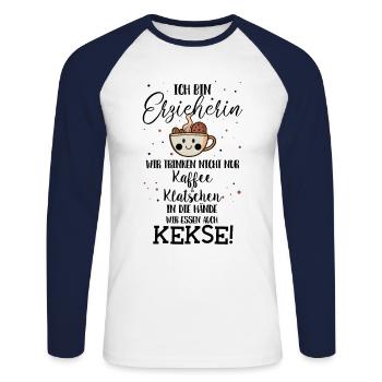 Ich bin Erzieherin, Kaffee und Klatschen, essen Ke - Unisex Baseballshirt langarm - Weiß/Navy - Vorne - Nik (191cm)
