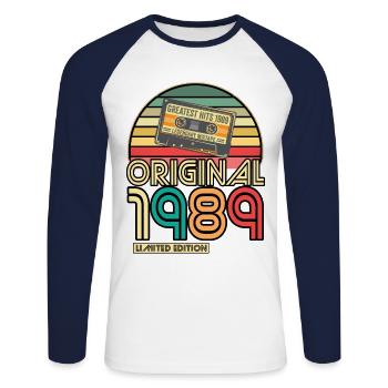 Cassette Bande Rétro Vintage 1989 né année 1989 - T-shirt baseball manches longues Homme - blanc/marine - Devant - Nik (191cm)