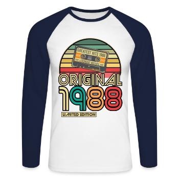 Cassette Bande Rétro Vintage 1988 né année 1988 - T-shirt baseball manches longues Homme - blanc/marine - Devant - Nik (191cm)