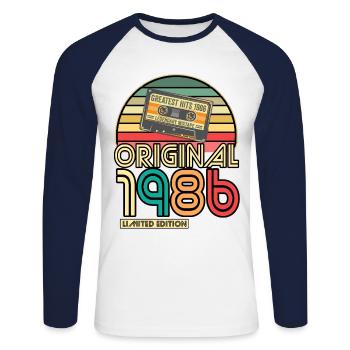 Cassette Bande Rétro Vintage 1986 né année 1986 - T-shirt baseball manches longues Homme - blanc/marine - Devant - Nik (191cm)