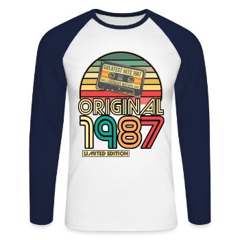 Cassette Tape Retro Vintage 1987 geboren Jahr 1987 - Unisex Baseballshirt langarm - Weiß/Navy - Vorne - Nik (191cm)
